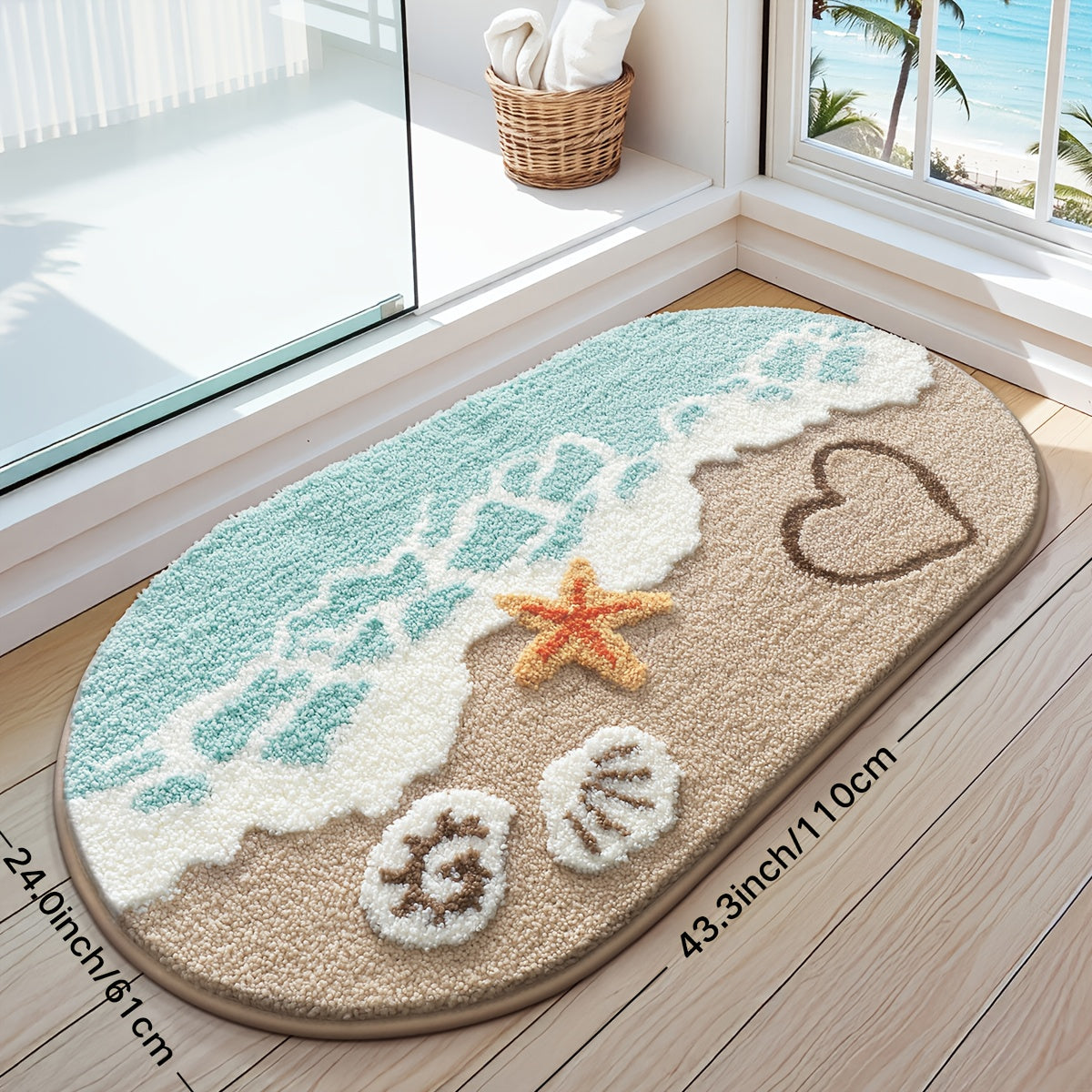 ShoreStep | Pluizige Ovale Badmat – Antislip en Waterabsorberend, Badkamermat met Strandschelpenpatroon