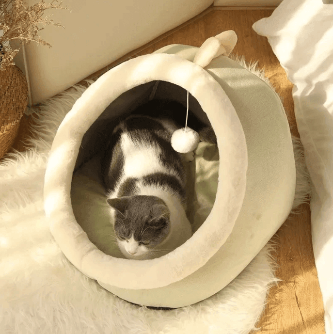CuddlePaw | Gezellig schattig kattenbed – Pluche kussen voor huisdieren, zacht rond slaapnest, warm en comfortabel voor katten en kittens