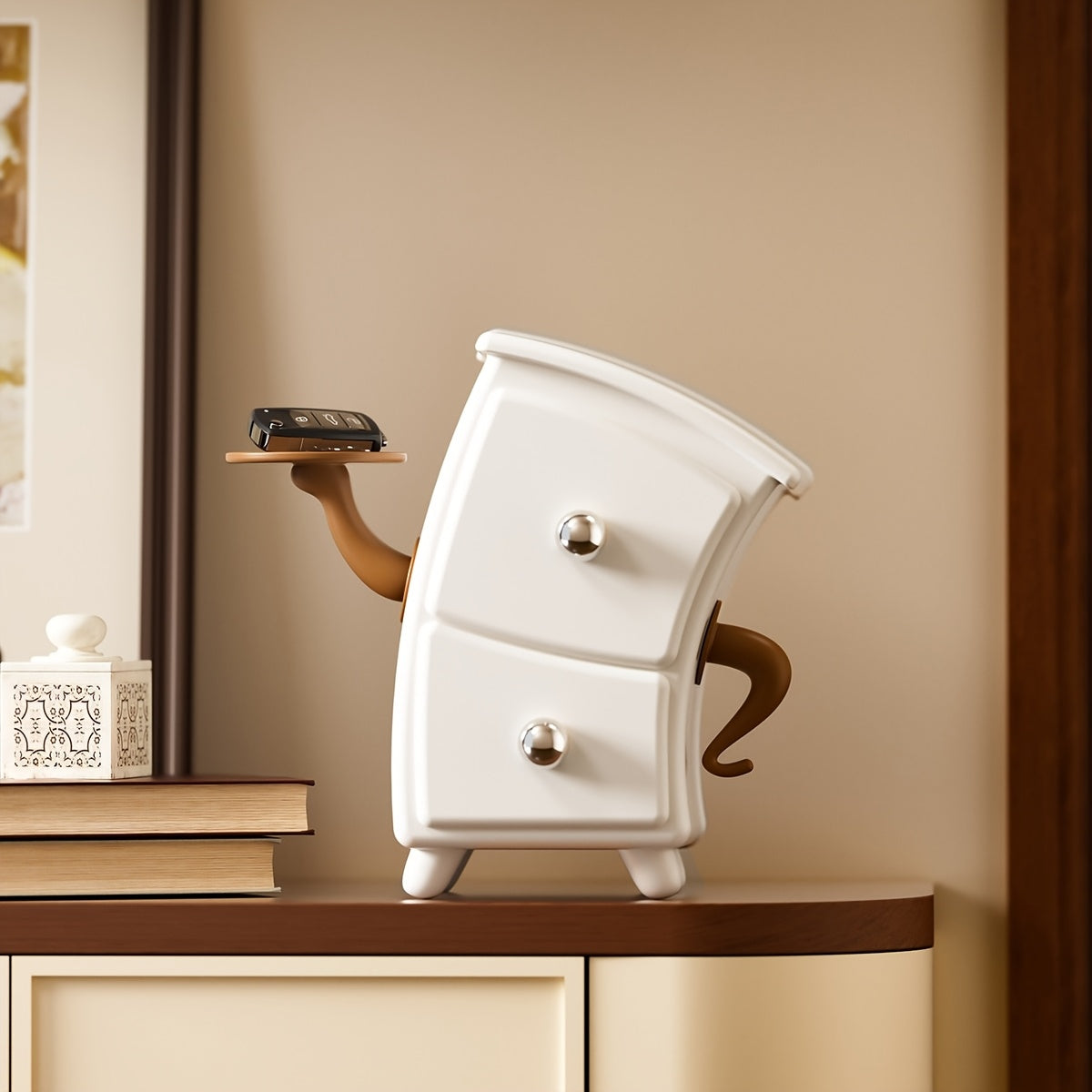 LidHaven | Witte en bruine opbergdoos met scharnierend deksel en ronde deur – Bureau-organizer