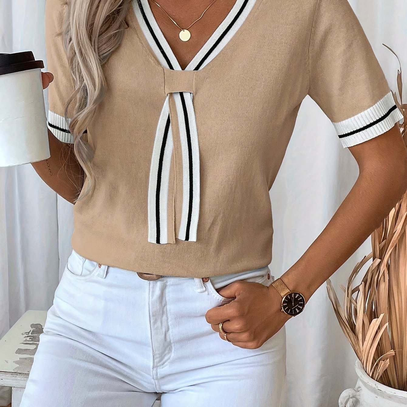 Analya | Dames Zomer T-shirt met V-hals en Strik – Casual Gebreid, Lichtgewicht, Ademend