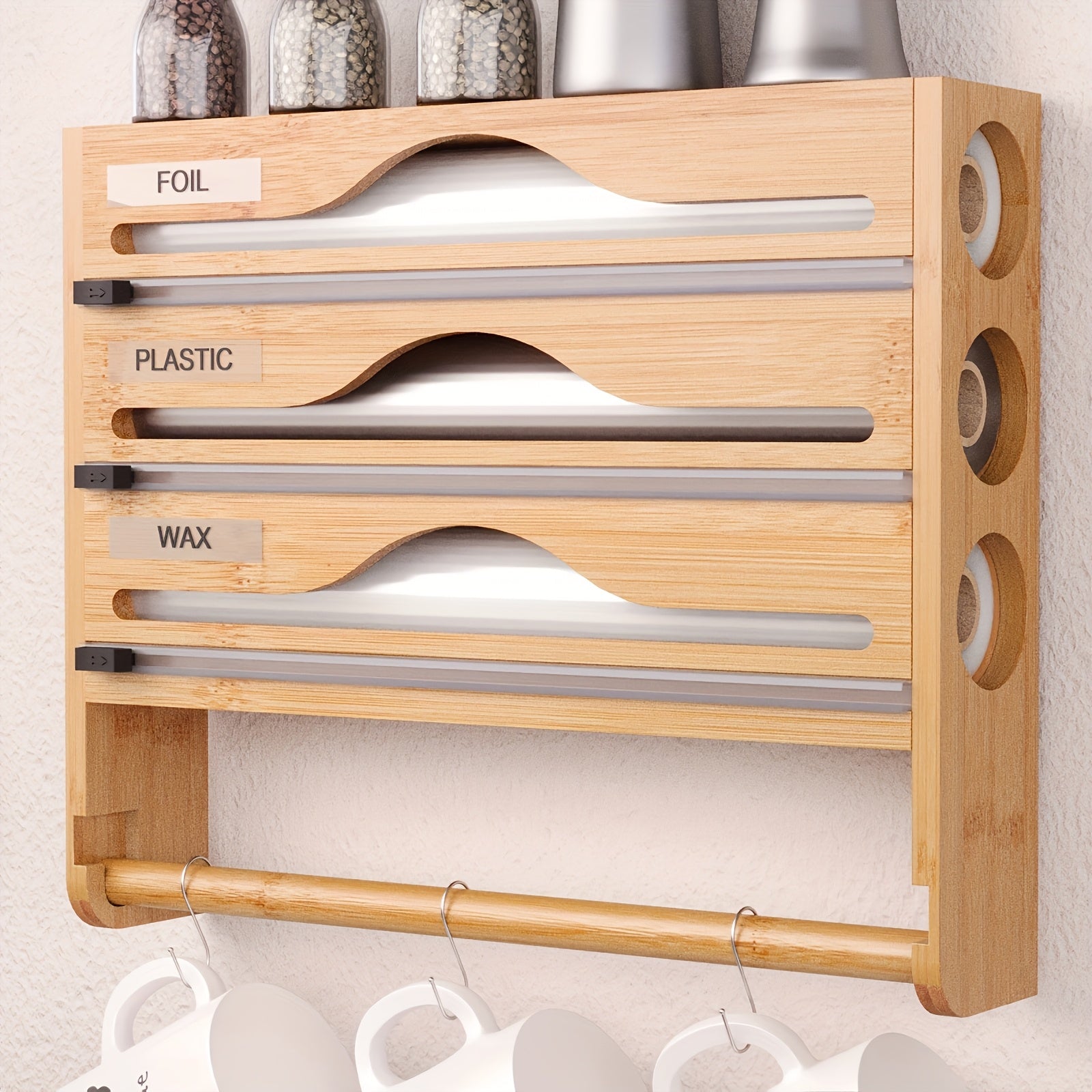 WrapRack | 3-delige bamboefoliedispenser - Keukenorganizer met keukenrolhouder, snijder en opbergrek -