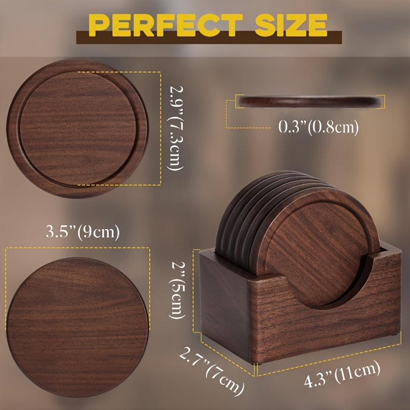 Coastique | 6 stuks ronde onderzetters van zwart walnotenhout met opbergbasis, massief houten geïsoleerde