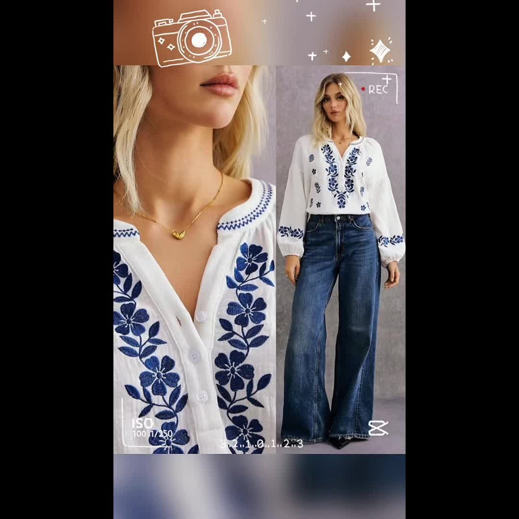 Peria | Etnisch dameshemd - Geborduurde casual bohemienblouse