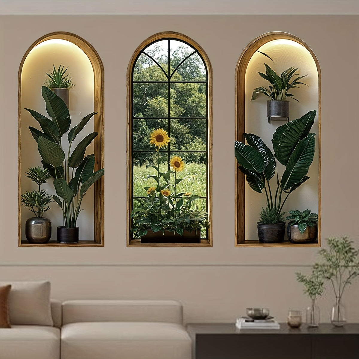Archscape | 3-Delige Gebogen Nepraam Muurstickers – Realistisch Tropisch Plantenontwerp