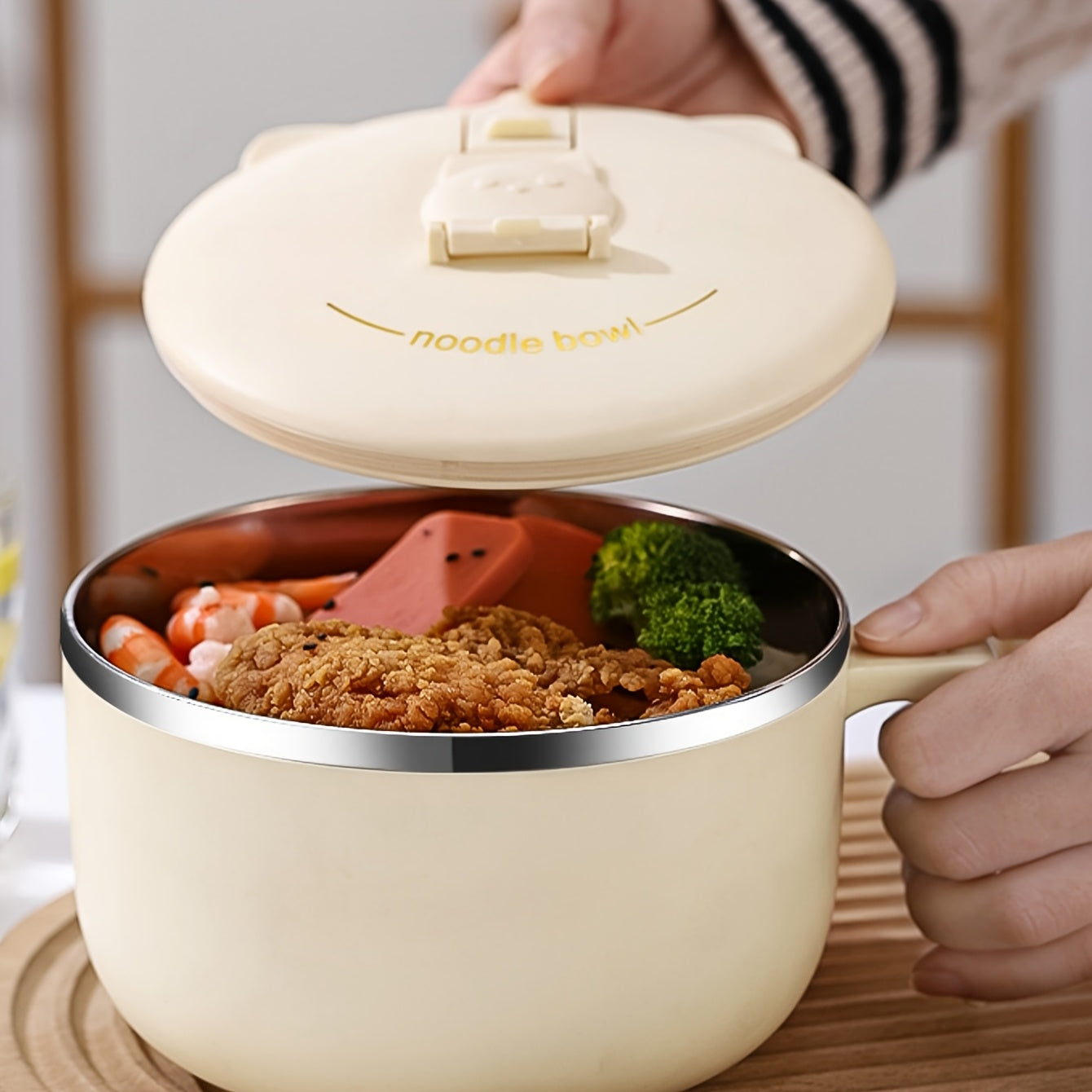 Bowluxe | 1300 ml roestvrijstalen noedelkom met deksel – geïsoleerde soep- en voedselcontainer