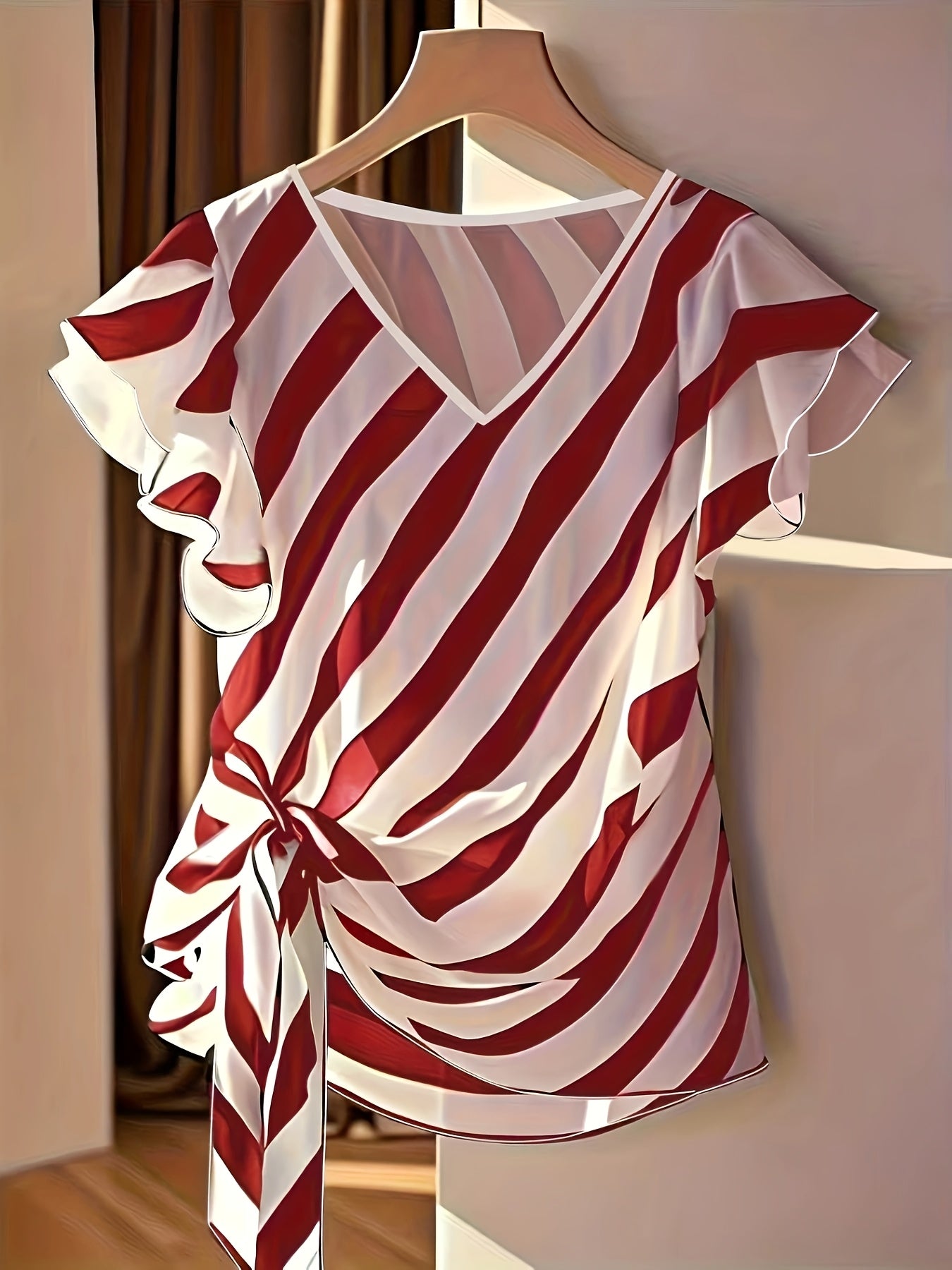 Saelyn | Gestreepte damestop met V-hals – Blouse met strik in de taille