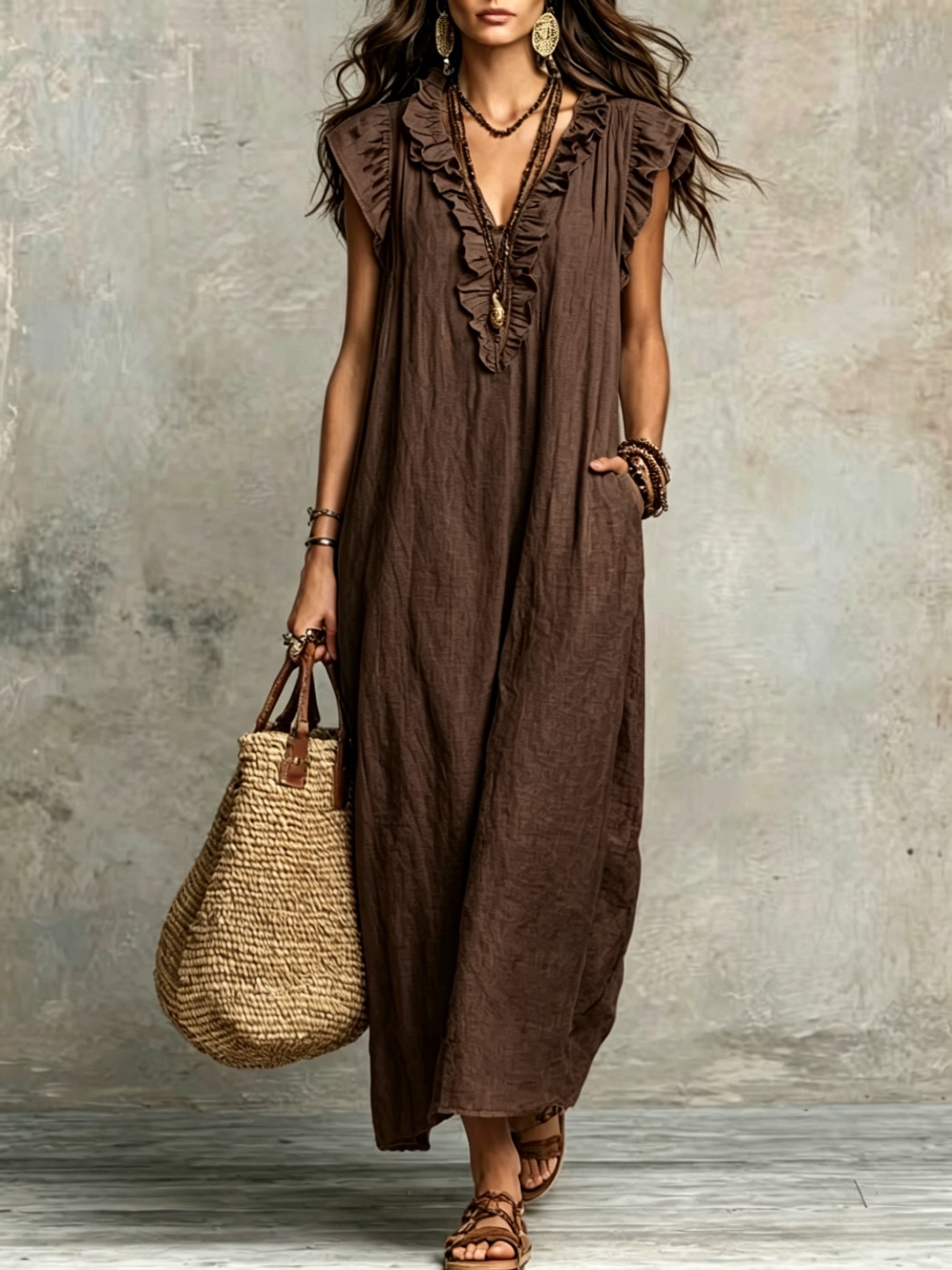 Jyra | Casual-elegante jurk voor dames – Lange, zwierige zomerjurk in boho-stijl met V-hals