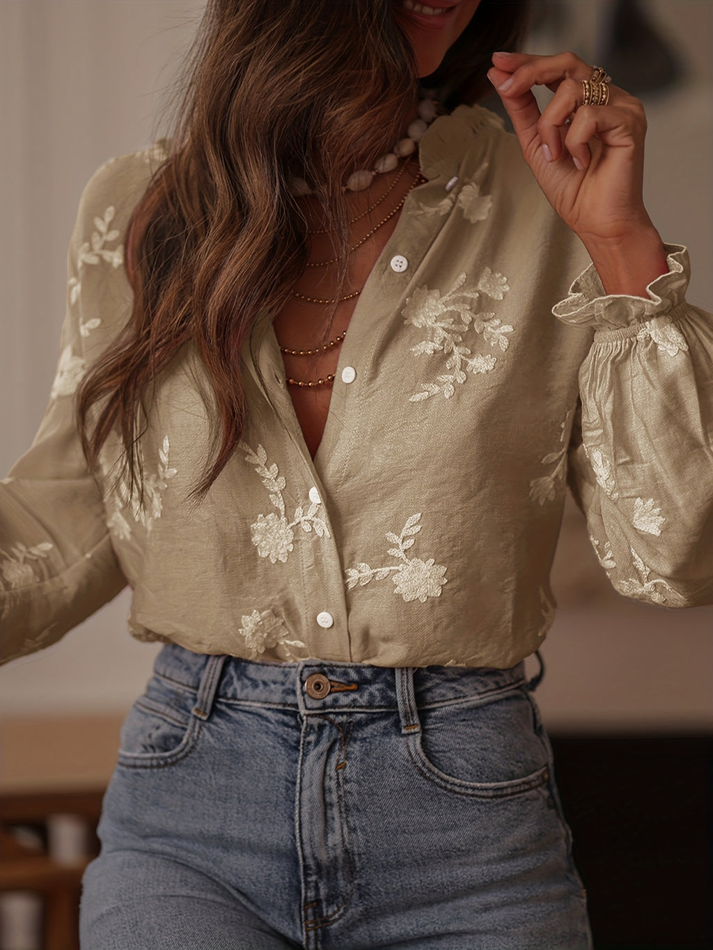 Omelia | Dames casual blouse met lange mouwen, bloemenborduursel, knopen aan de voorkant
