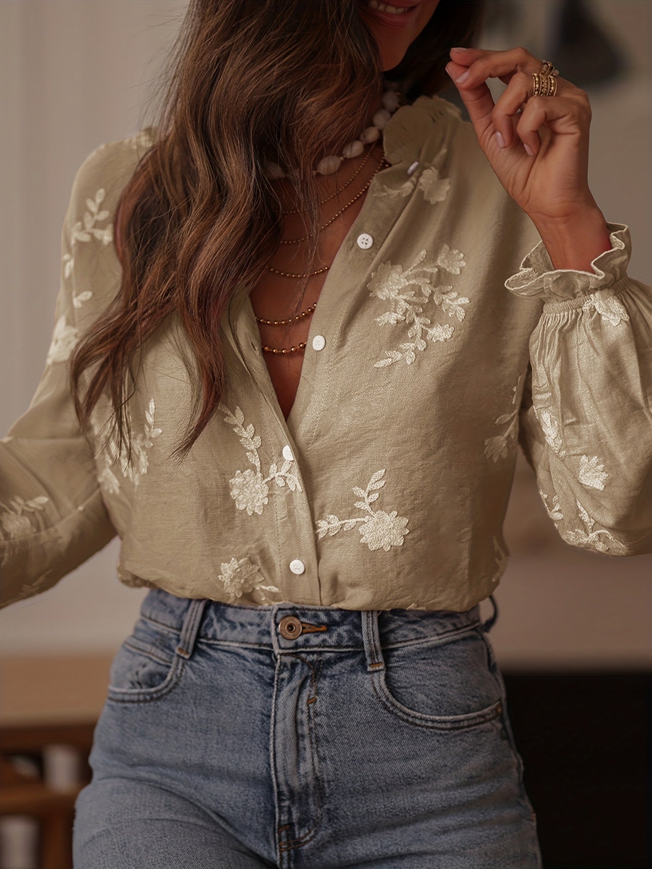 Omelia | Dames casual blouse met lange mouwen, bloemenborduursel, knopen aan de voorkant