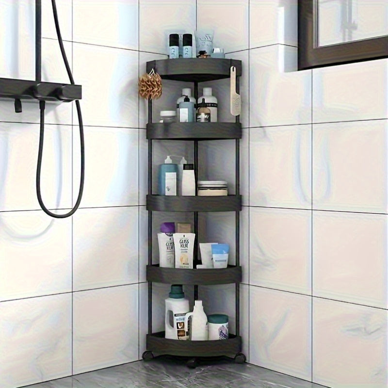 ShowerStack | 5-laags hoekdouche caddy, zwarte kunststof badkamer opbergrek, vrijstaande organizer