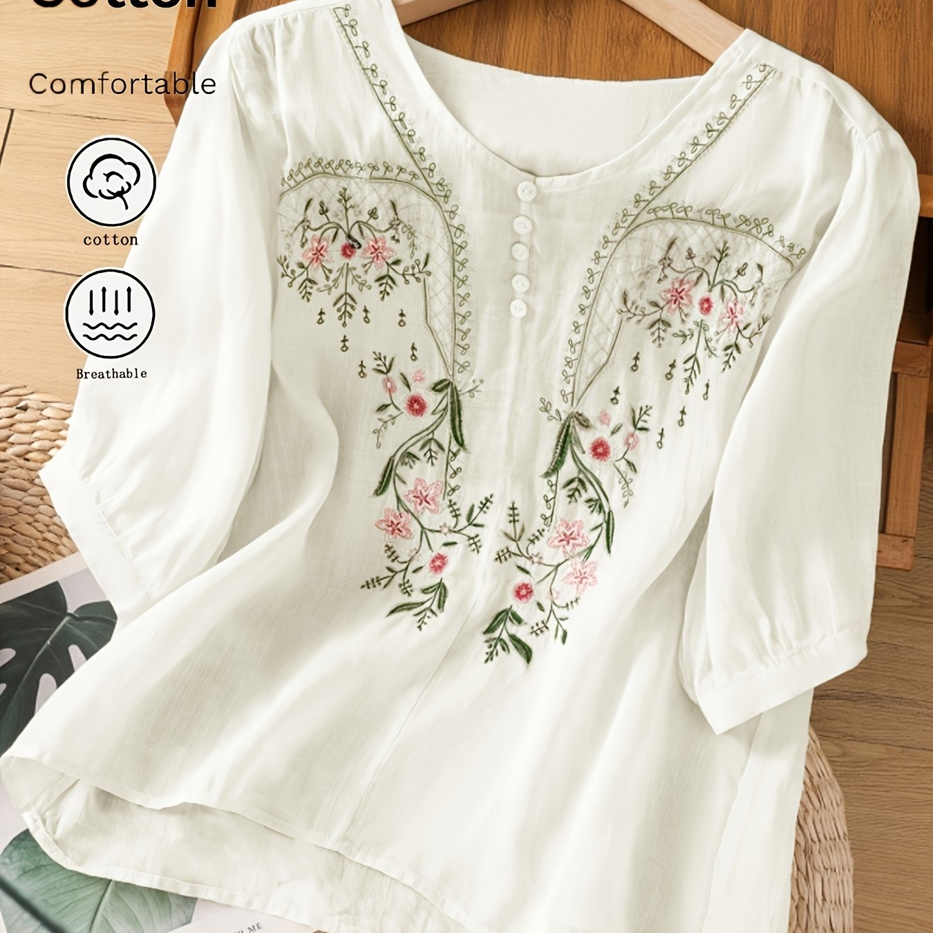 Isolde | Dames zomers T-shirt met geborduurde korte mouwen, comfortabele en ademende casual top