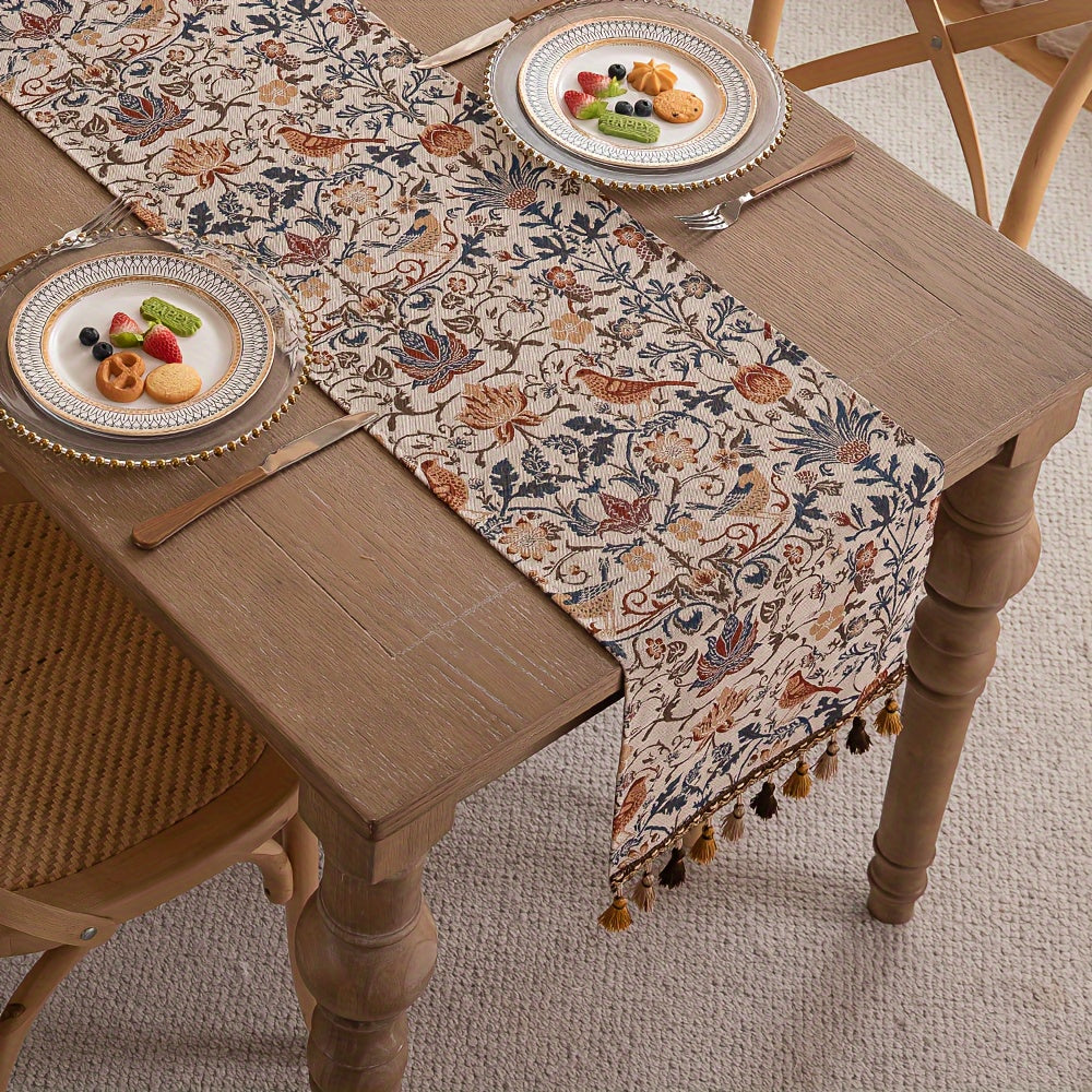 FloralVista | Vintage tafelloper met kwastjes - rustiek landelijk decoratief tafelkleed