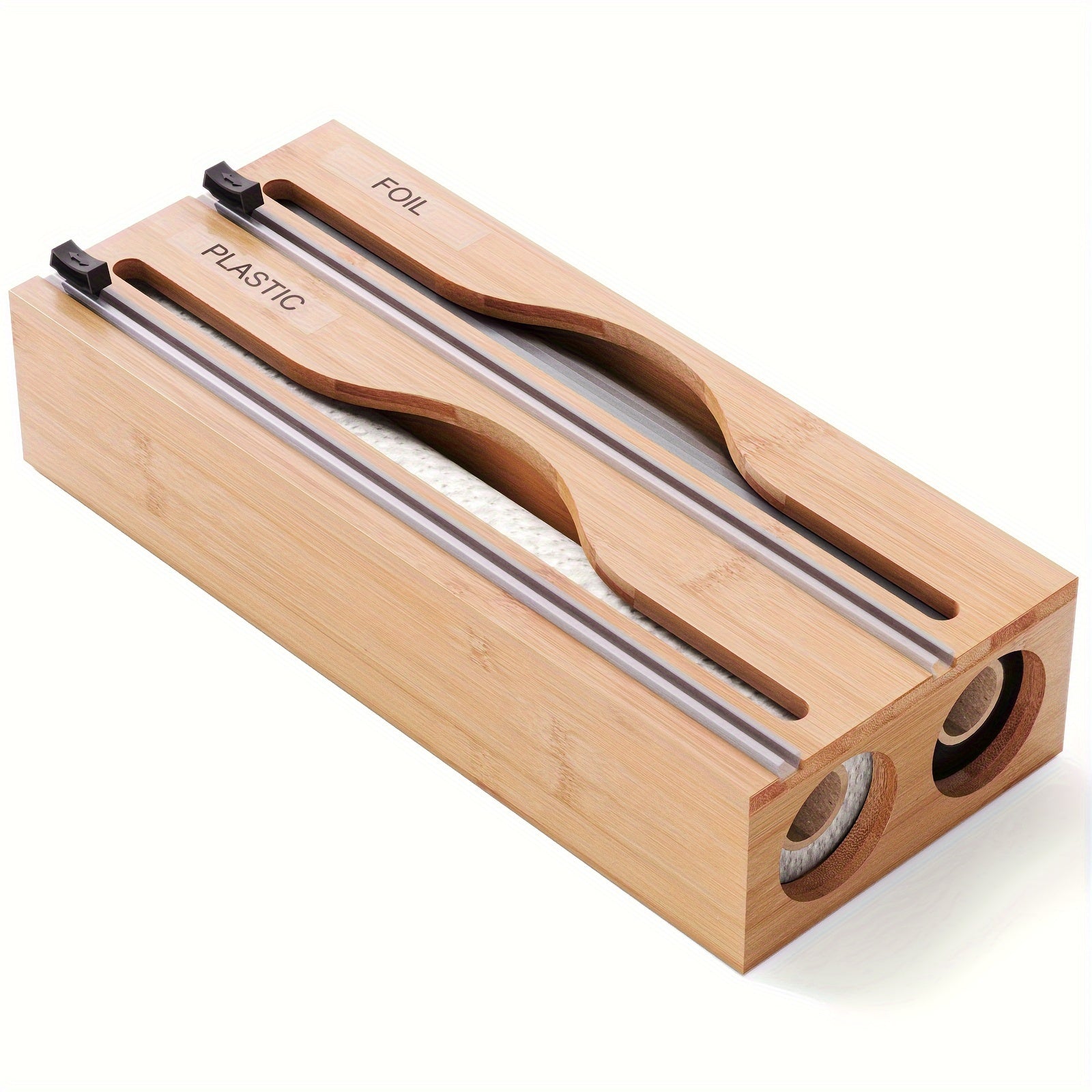 WrapMaster | 2-in-1 Houten Keukenwikkelautomaat met Snijder, Dubbele Gleuf Opbergorganisator voor Keukenlade & Aanrecht