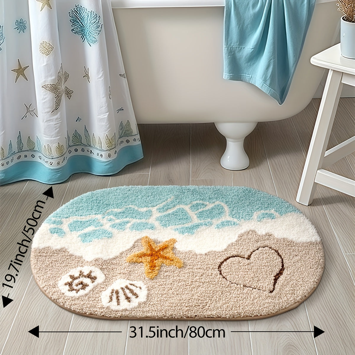ShoreStep | Pluizige Ovale Badmat – Antislip en Waterabsorberend, Badkamermat met Strandschelpenpatroon
