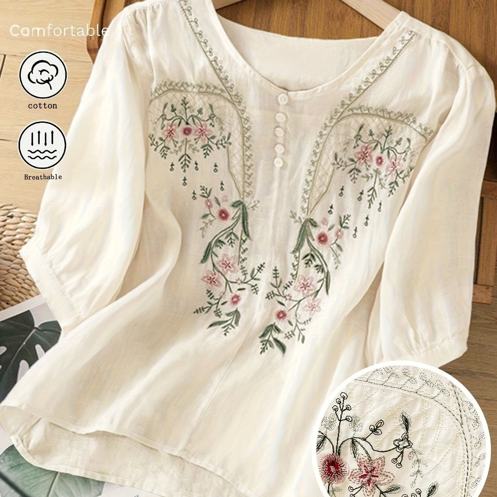 Isolde | Dames zomers T-shirt met geborduurde korte mouwen, comfortabele en ademende casual top