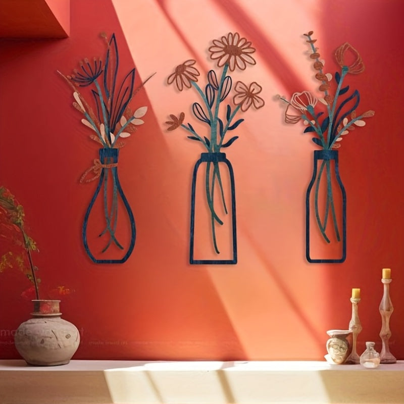 Bloomistry | 3-delige opvallende bloemenwanddecoratie, metalen hangende sculpturen voor de woonkamer