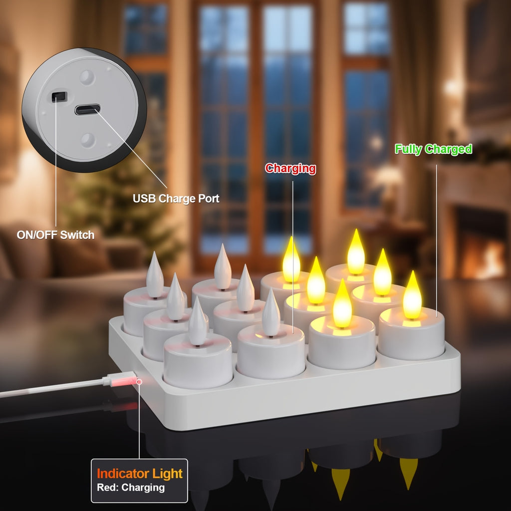 LumiFlick | Set van 12 LED-theelichtjes met timer – oplaadbaar, vlamloos, sfeervol voor bruiloften, feesten