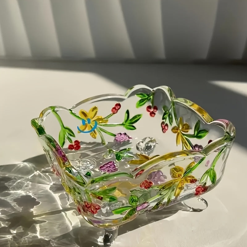 FloraBowl | Handgemaakte Vintage Glazen Snoepkom – Bloemmotief, Decoratief Voorjaarsbakje