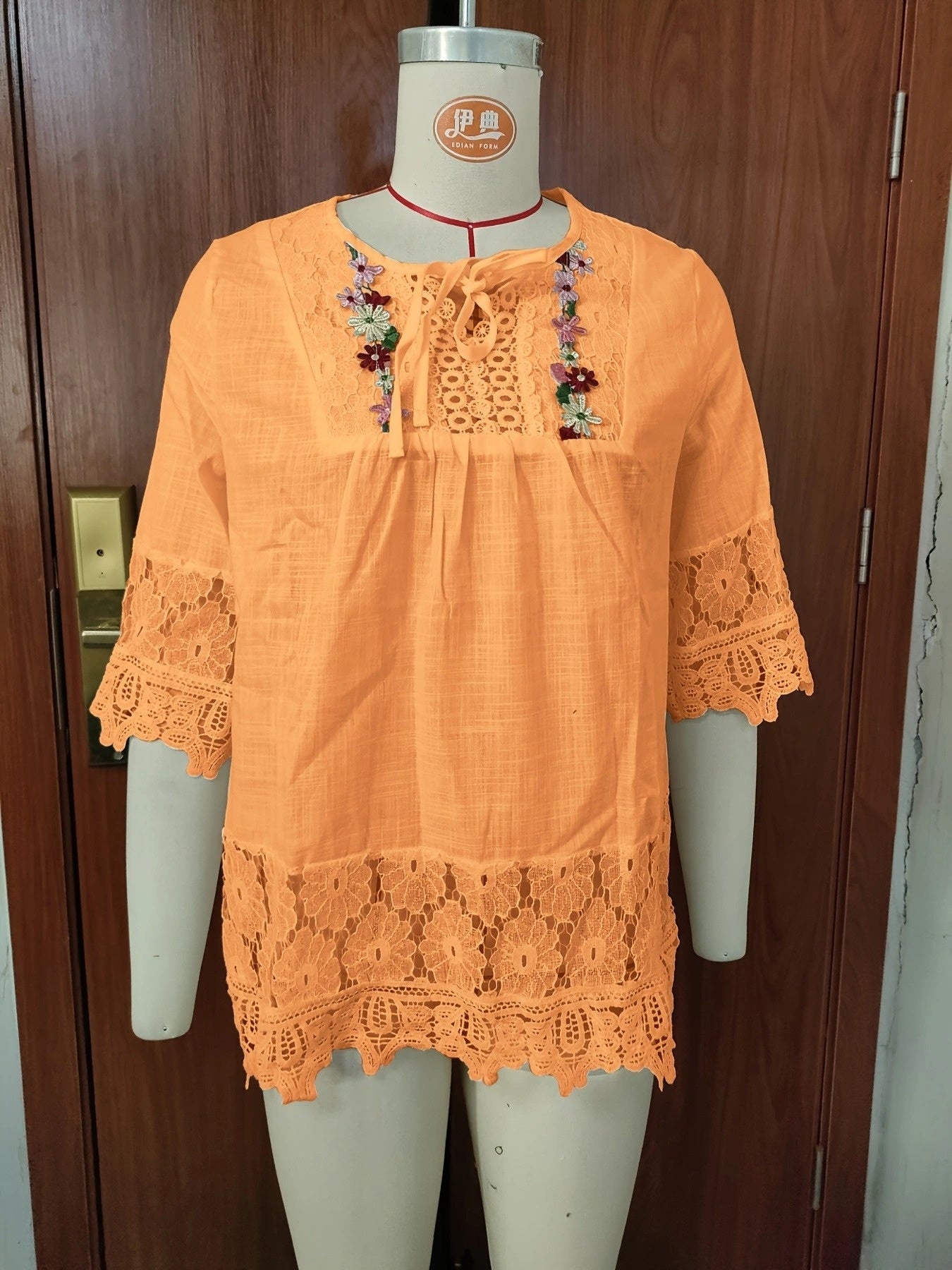 Vayla | Casual kanten damesblouse – Lente-zomerblouse met lange mouwen en patchwork