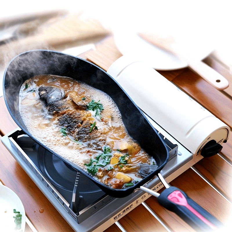 SizzleFish | Antiaanbakpan voor vis met snelle warmtegeleiding, visvormig lichaam, deksel en spatel