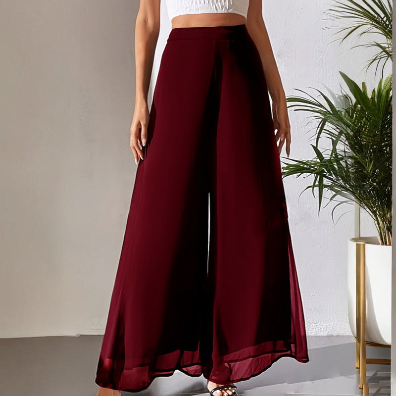 Roselia | Lichte zomerbroek voor dames – Soepelvallende palazzo met wijde pijpen van chiffon