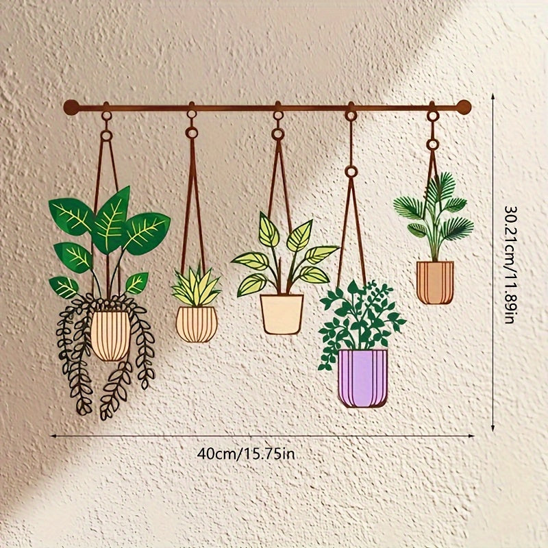WallFlora | Grote Metalen Plantenwanddecoratie – Bruine Hangende Buizen met Groene & Paarse Potten