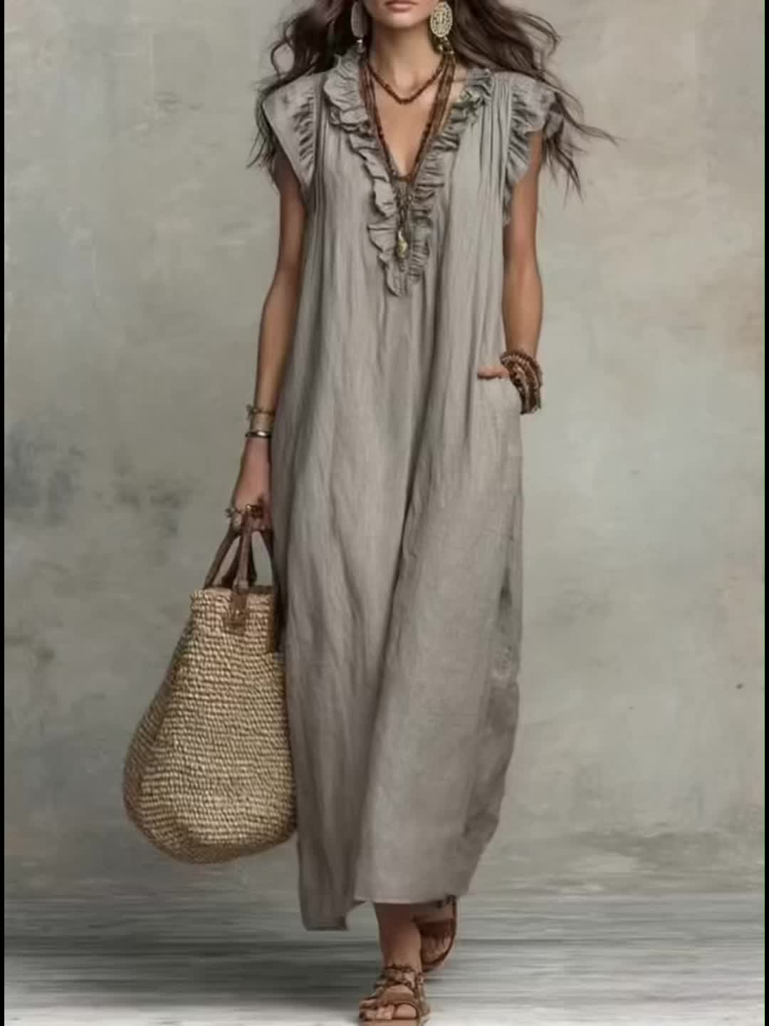 Jyra | Casual-elegante jurk voor dames – Lange, zwierige zomerjurk in boho-stijl met V-hals