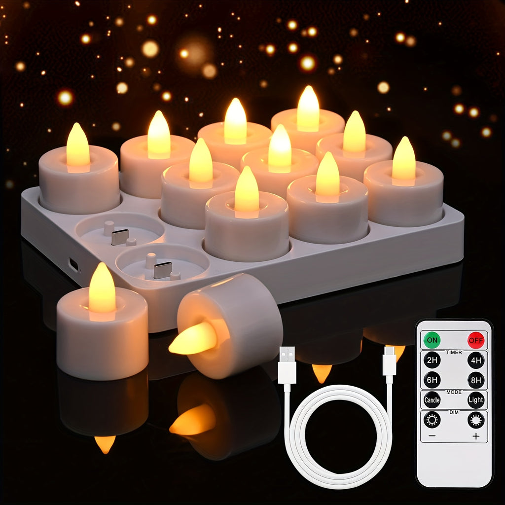 LumiFlick | Set van 12 LED-theelichtjes met timer – oplaadbaar, vlamloos, sfeervol voor bruiloften, feesten