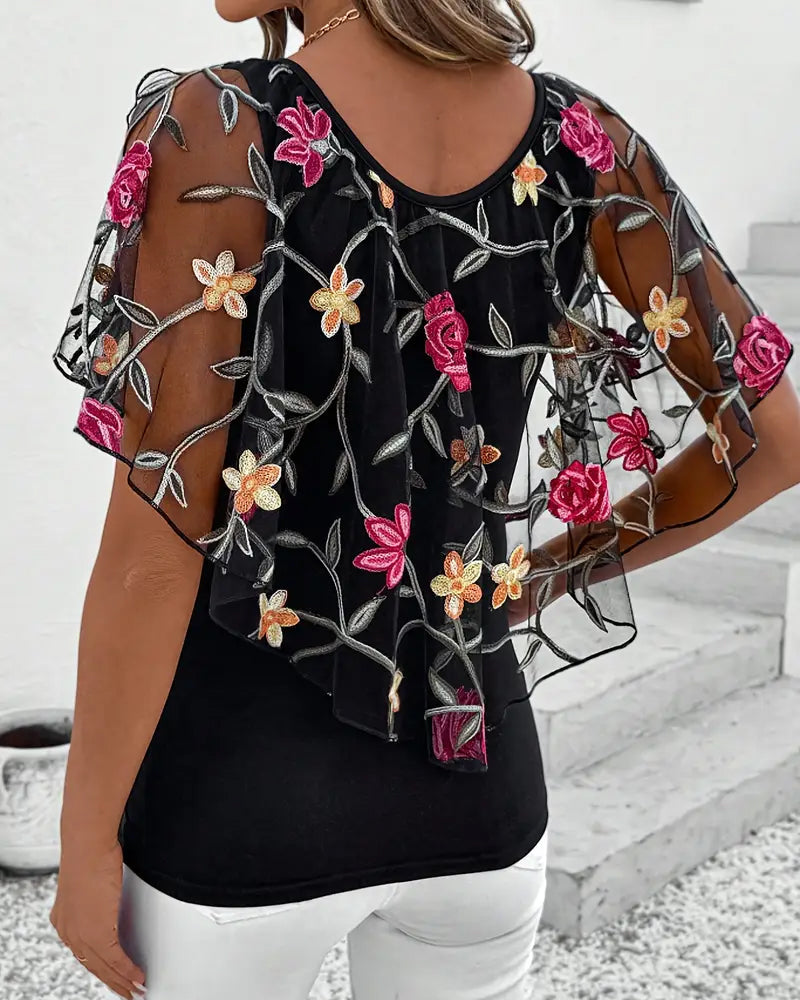 Kaelis | Dames Mesh Blouse met Bloemenborduurwerk – Elegante Lichtgewicht Top