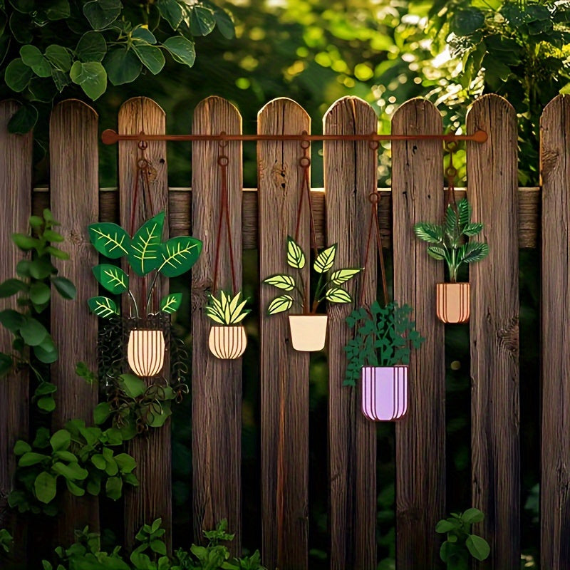 WallFlora | Grote Metalen Plantenwanddecoratie – Bruine Hangende Buizen met Groene & Paarse Potten