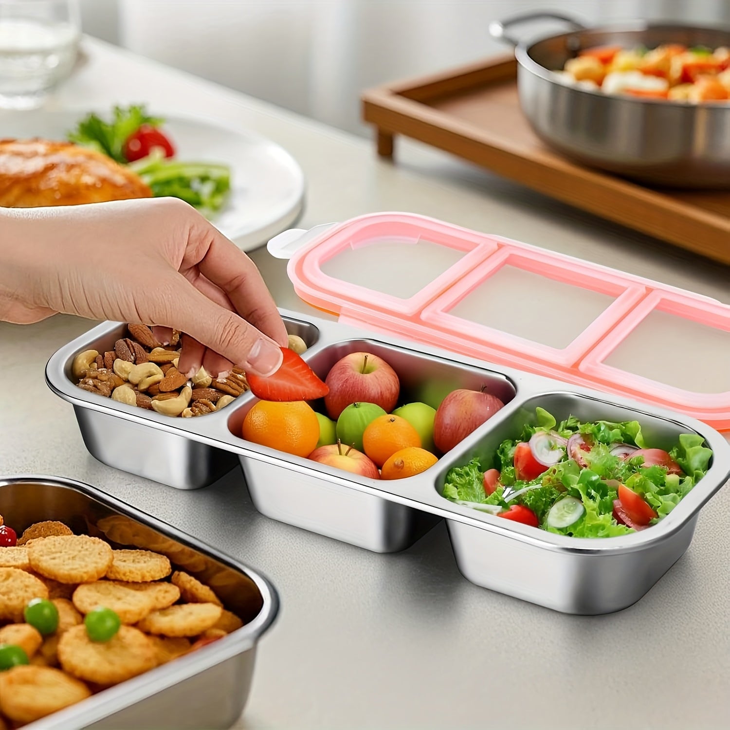 SteelBento | Roestvrijstalen Snackbox – 3-Vakken Voedselopslagdoos met Klapdeksel, Lekvrij