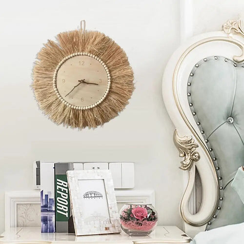 BohoTick | Boho Tarwe Stro Wandklok - Handgemaakte Natuurlijke Vezel, Rustieke Decoratieve Klok