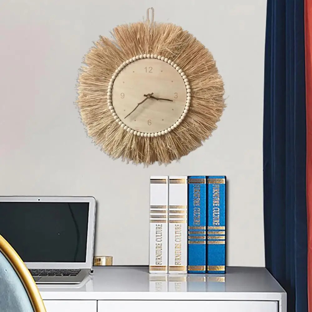 BohoTick | Boho Tarwe Stro Wandklok - Handgemaakte Natuurlijke Vezel, Rustieke Decoratieve Klok
