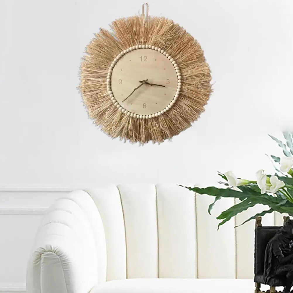 BohoTick | Boho Tarwe Stro Wandklok - Handgemaakte Natuurlijke Vezel, Rustieke Decoratieve Klok