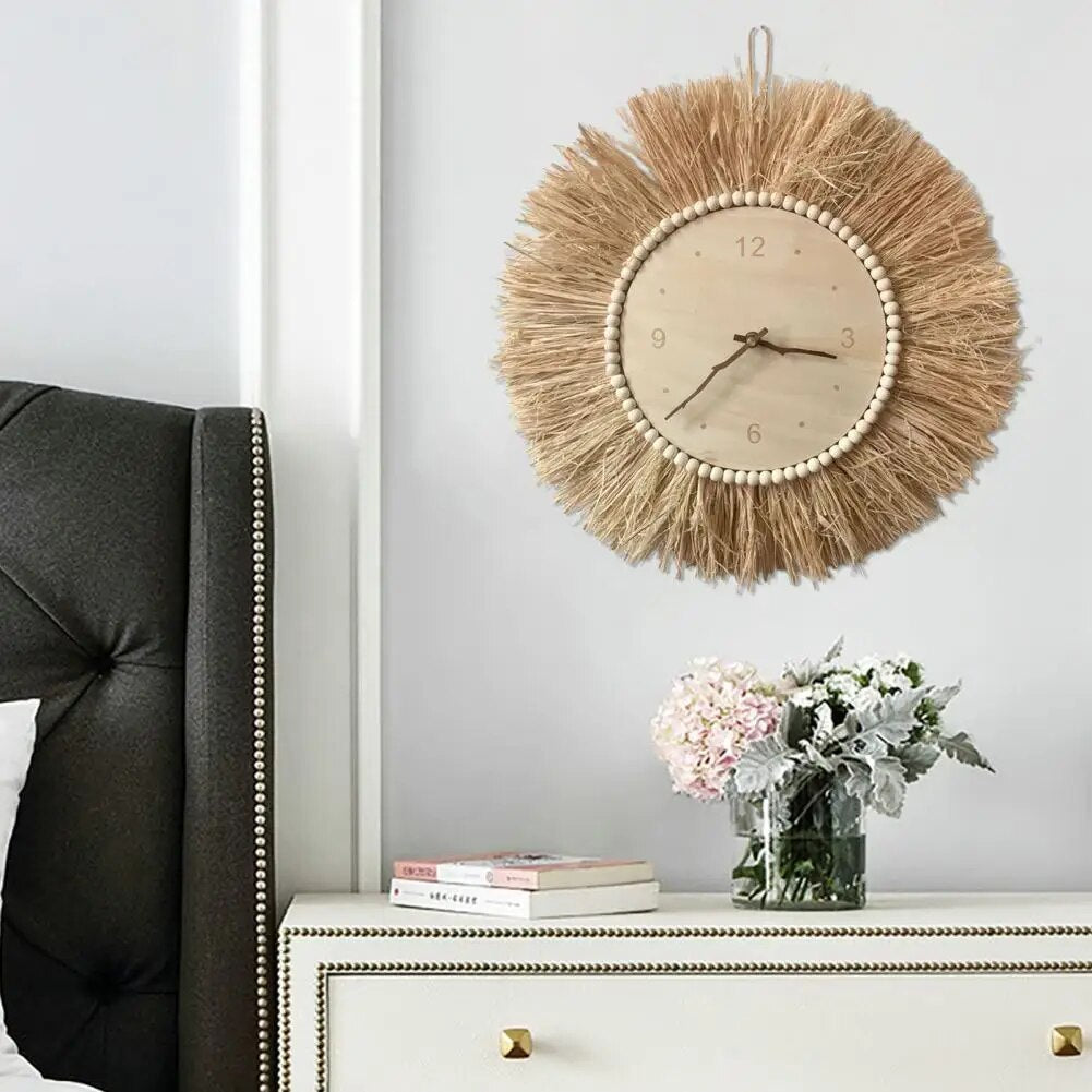 BohoTick | Boho Tarwe Stro Wandklok - Handgemaakte Natuurlijke Vezel, Rustieke Decoratieve Klok