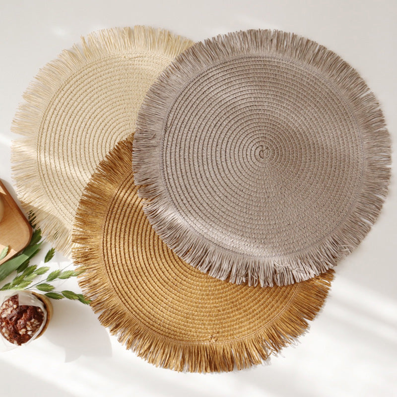 WeaveAura | Boho Ronde Geweven Placemats - Linnen Gevlochten, Hittebestendige Tafelmatten