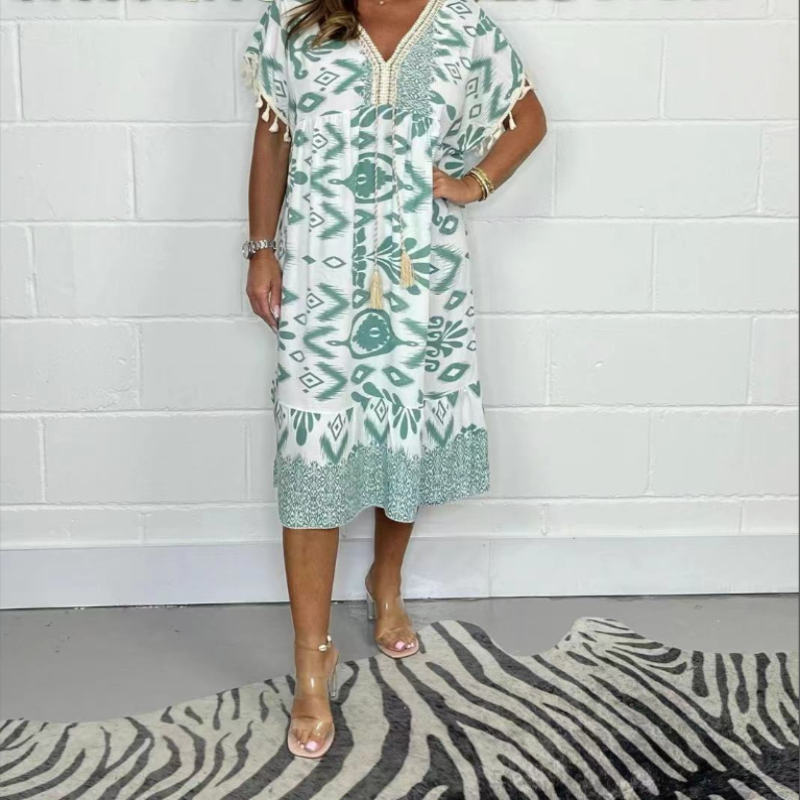 Lyla | Casual jurk met print voor dames – Zomerse midi-jurk met V-hals en franjes aan de mouwen