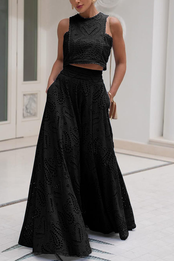 Savrina | Elegante Dames Set met Borduursels – Mouwloze Crop Top & Wijdvallende Broek