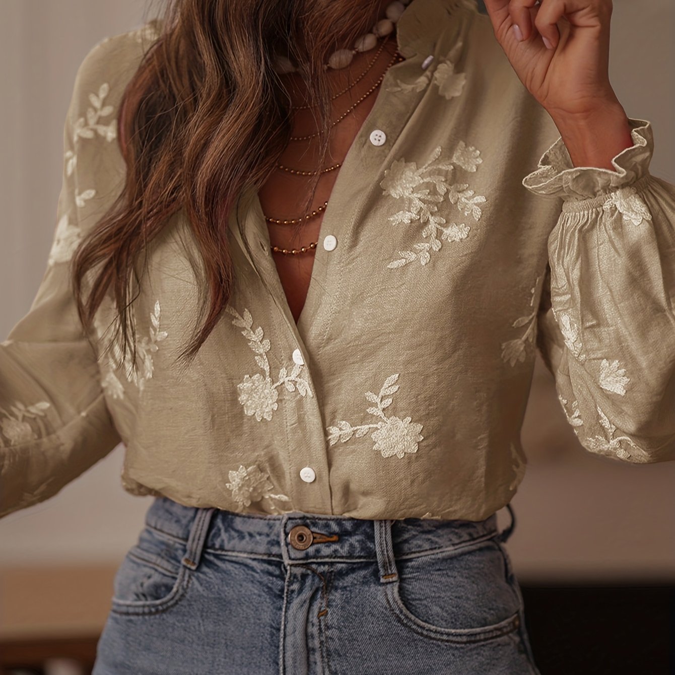 Omelia | Dames casual blouse met lange mouwen, bloemenborduursel, knopen aan de voorkant
