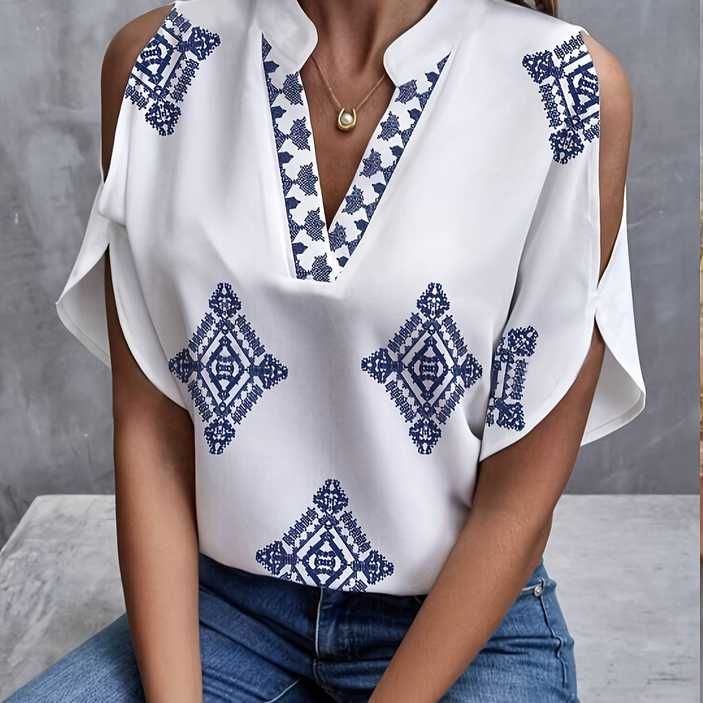 Avenira | Dames V-hals Blouse met Geometrische Print, Cold Shoulder Open Mouwen, Casual Stijlvolle Top