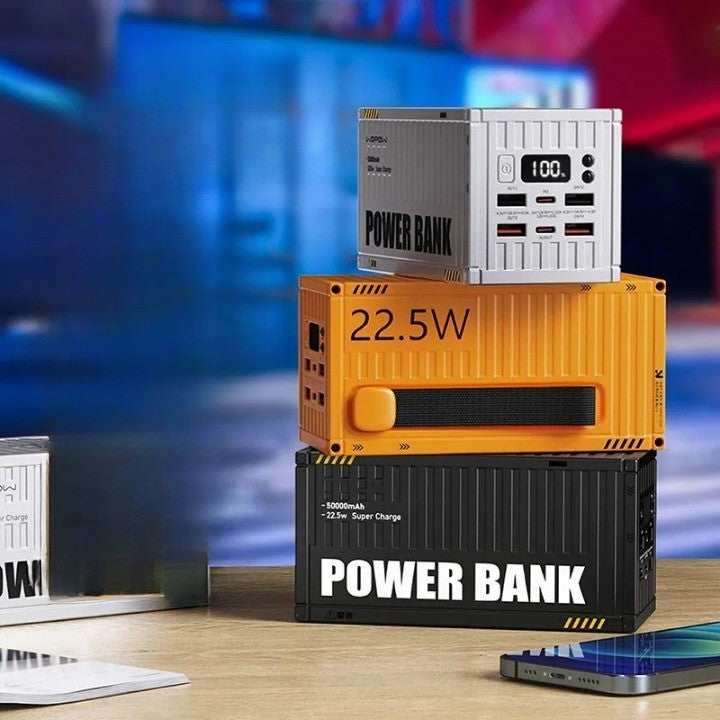 PowerVault | Powerbank in container-stijl – Draagbare USB-oplader met hoge capaciteit en snellaadfunctie