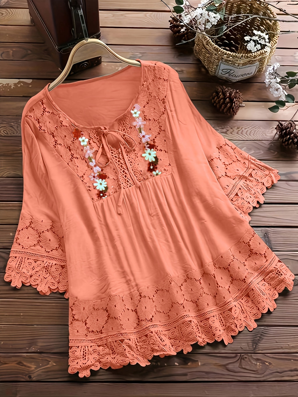 Vayla | Casual kanten damesblouse – Lente-zomerblouse met lange mouwen en patchwork