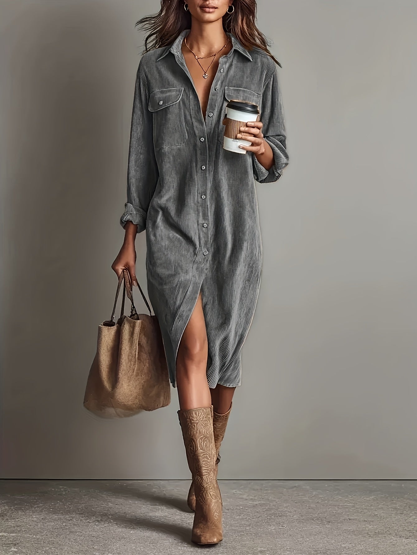 Gina | Corduroy overhemdjurk met knopen voor dames - Casual werkjurk met zakken