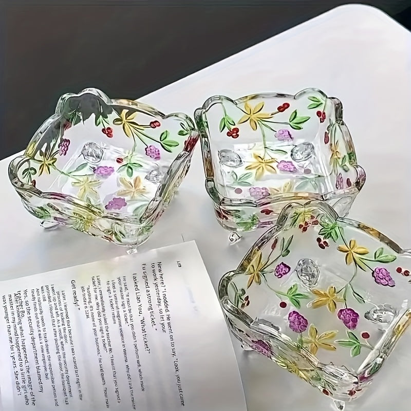 FloraBowl | Handgemaakte Vintage Glazen Snoepkom – Bloemmotief, Decoratief Voorjaarsbakje