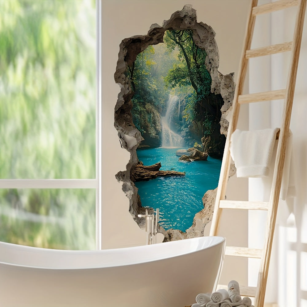 AquaVista | 3D Waterval Bos Muursticker – Waterdichte Badkamer Decal, Zelfklevende Natuur Muurdecoratie