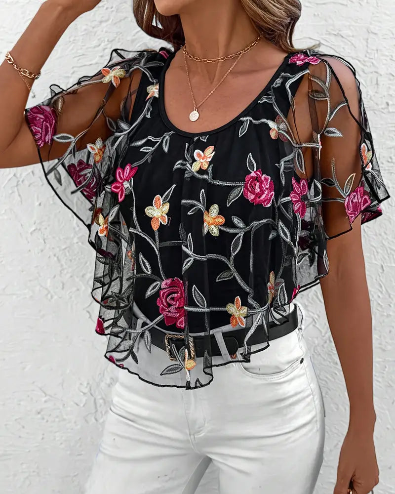 Kaelis | Dames Mesh Blouse met Bloemenborduurwerk – Elegante Lichtgewicht Top