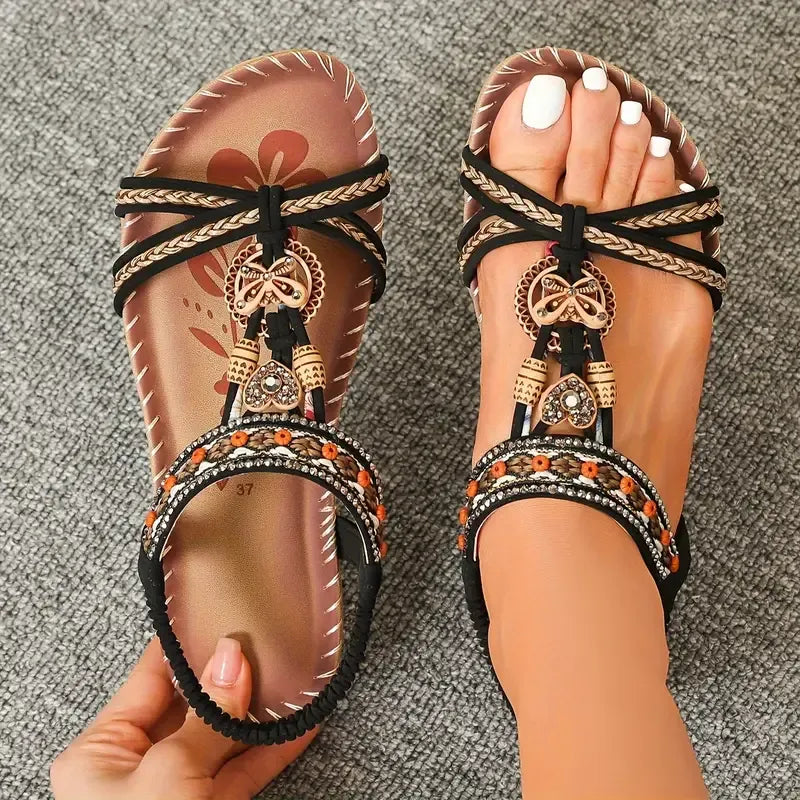 BohoStride | Dames Orthopedische Platte Sandalen – Stijlvolle Boho Leren Slip-On