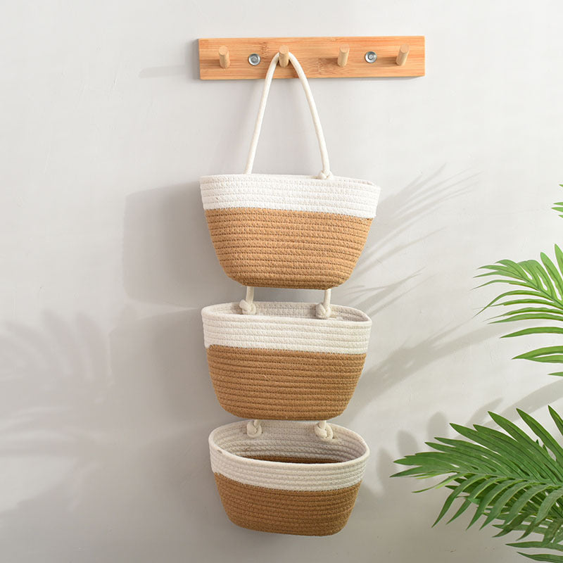 NestTrove | 3-laags katoenen wandopbergmand - Rustieke hangende organizer voor thuis