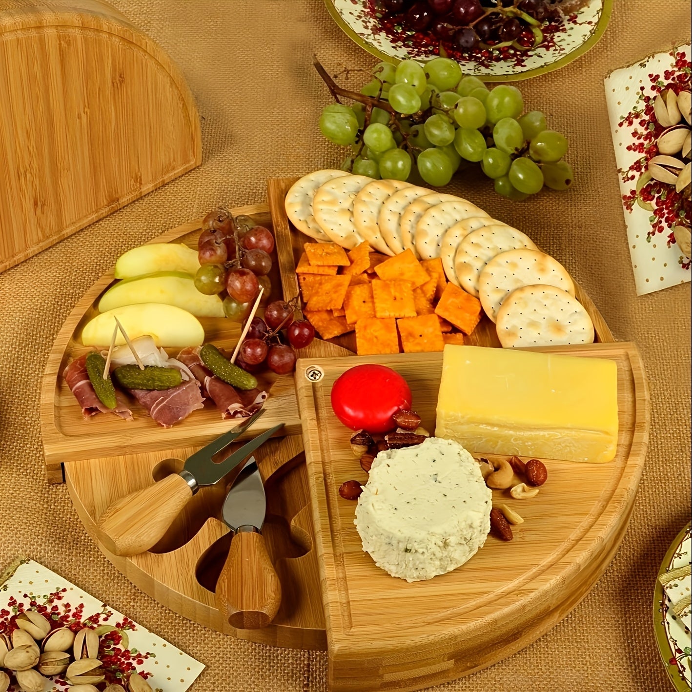 Grazeboard | Houten Kaasplank Set met Serveer Messen, Roterende Charcuterie Platter voor Snacks & Kaas