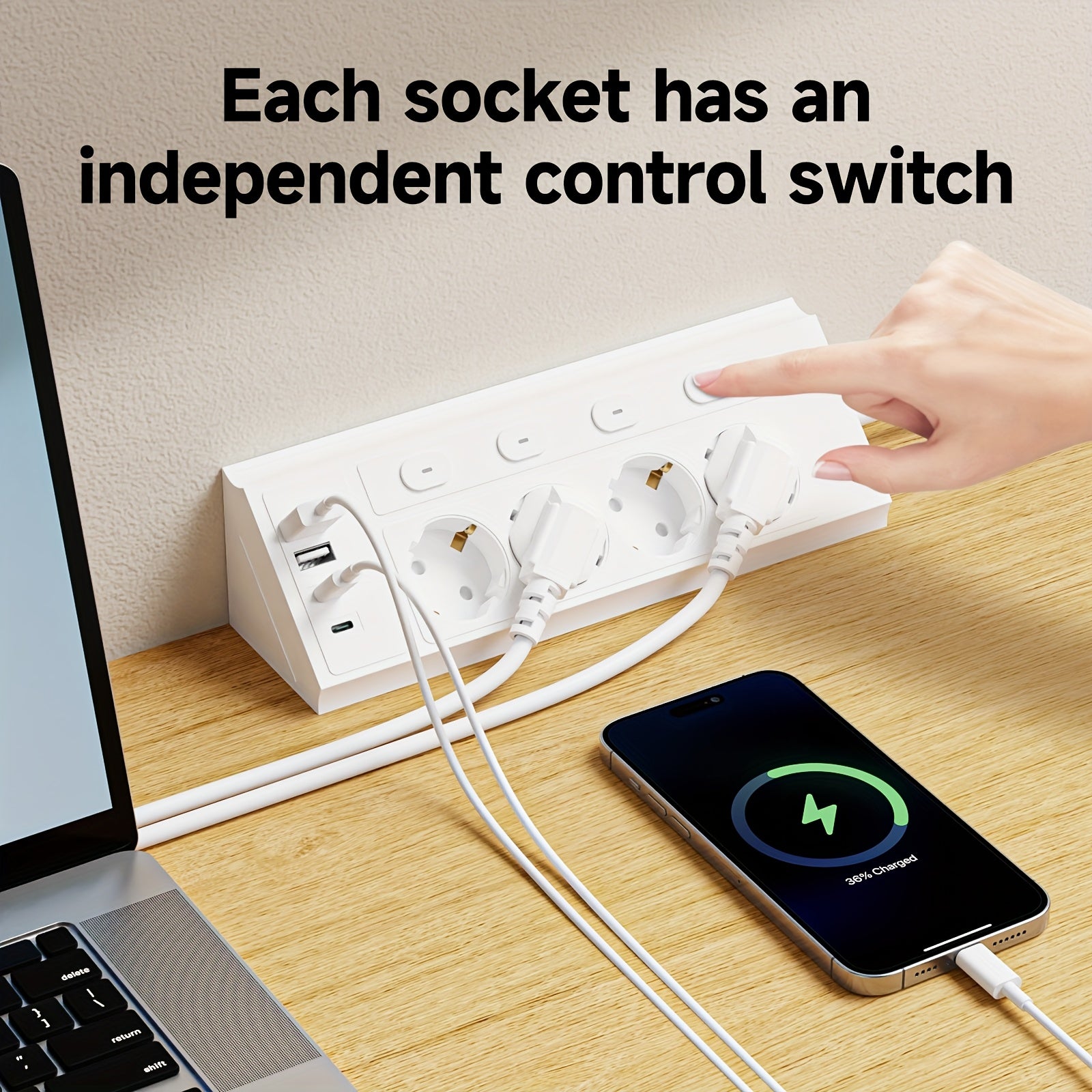 MultiPlug | 8-in-1 EU Stekkerdoos – 4 AC Stopcontacten, 2 USB-C Poorten, 1,5m Verlengsnoer
